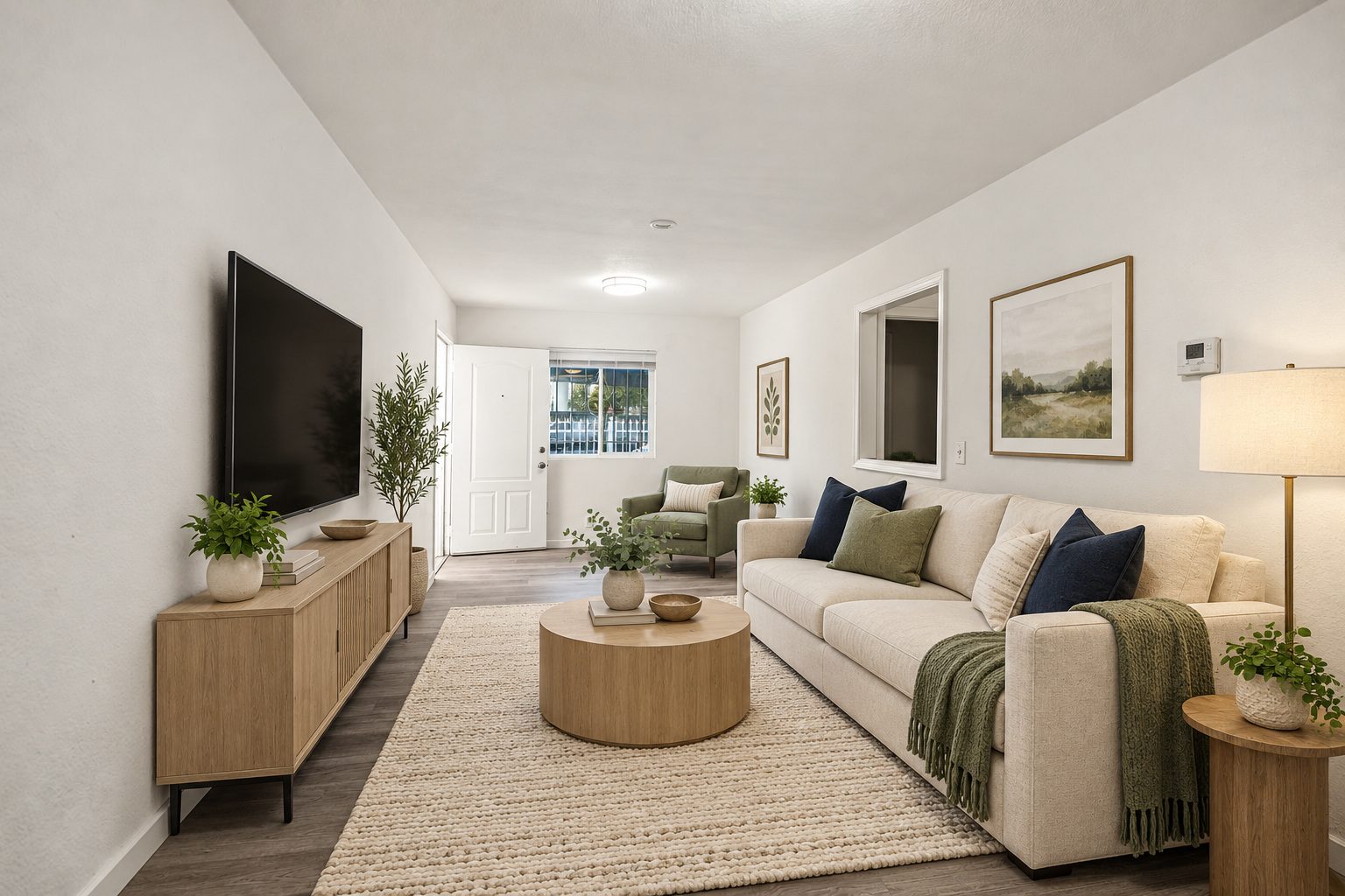 Lower unit living room, virtually staged with AI